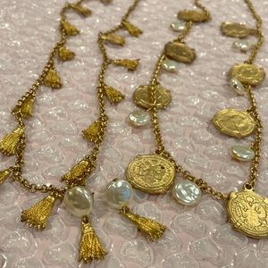 LOT OF FORNASH PREPPY NAUTICAL MATTE GOLD LONG NECKLACES TASSEL COIN PEARL BOHO